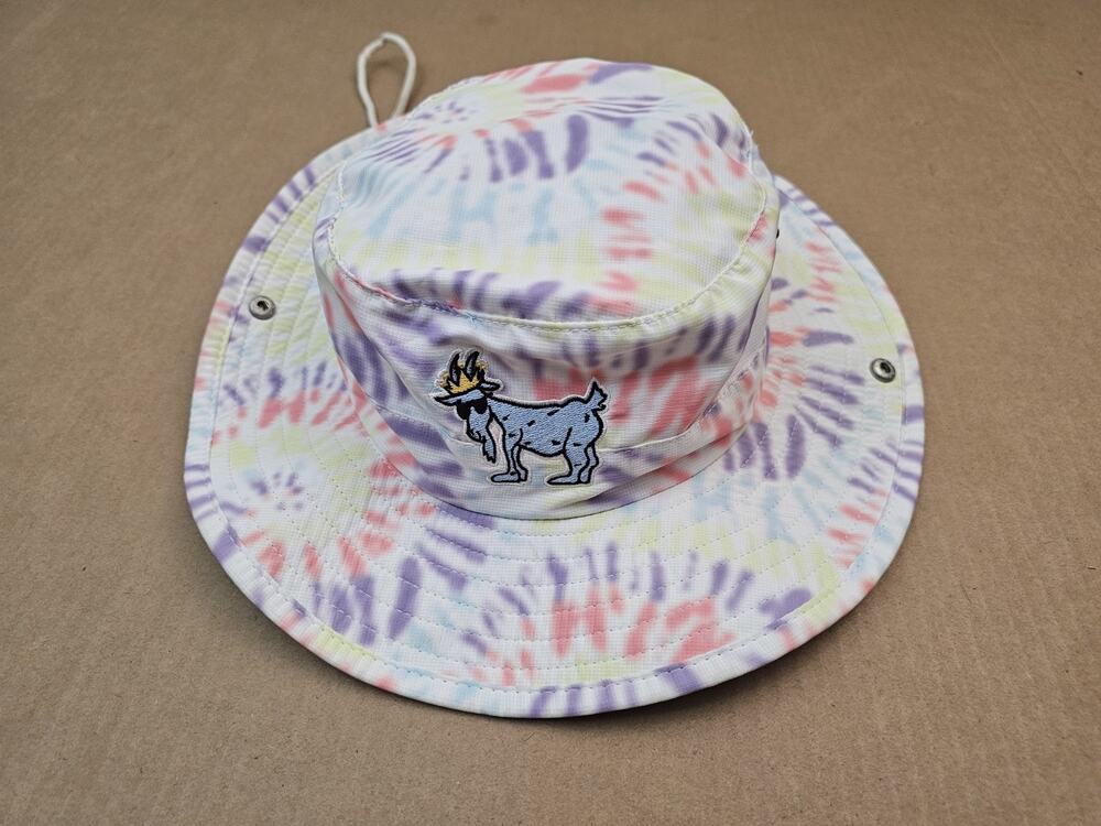 GOAT Packable Bucket Hat White Blue Logo OSFA Drawstring Chin Strap Sun Hat